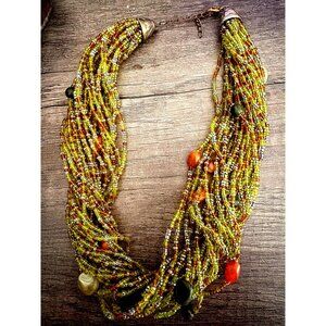 Handcrafted Seed Bead Multi Strand Necklace Green Yellow Bronze Tones
